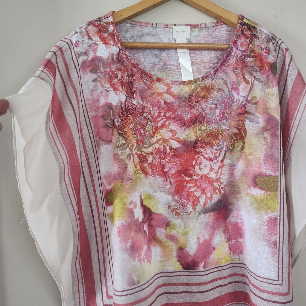 Chico's Tunic Top sz 3 XL Sheer Trim Floral Kimono Sleeve Poncho Blouse 16 18 - Picture 2 of 4